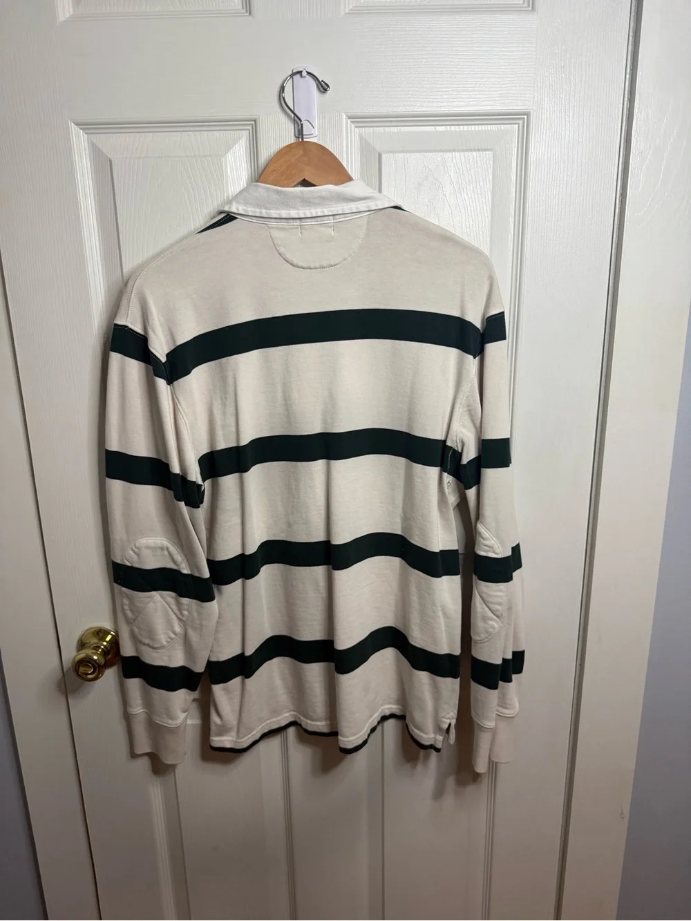 J. Crew Cream Long-Sleeve Rugby Polo with Dark Green Stripes